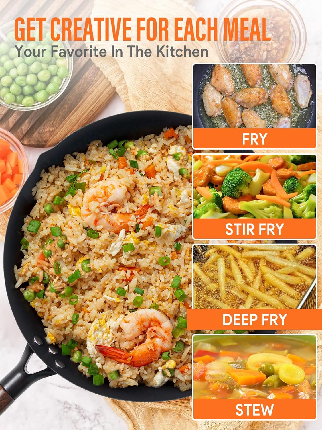 Carbon Steel Wok Pan, 5 Piece Authentic Chinese Wok & Stir-Fry Pans Set with Wooden Lid, No Chemical Coated Flat Bottom Chinese Woks Pan for All Stoves-13“