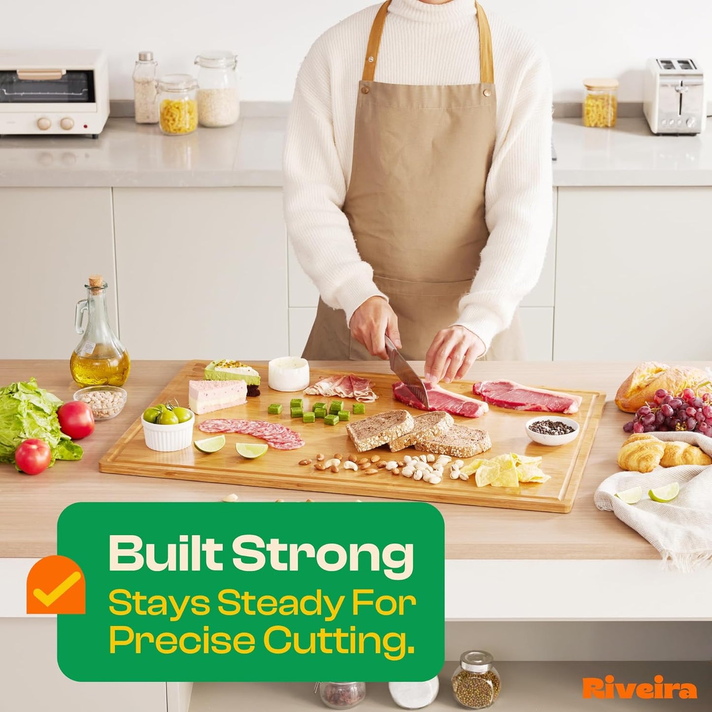 Riveira Brown Bamboo Wood Cutting Board – Gourmet Bamboo Grandeur: 20 x 30 Wooden Cutting Board – Wooden Cutting Boards For Kitchen Decorative – Innovative Juice Grooves Wooden Chopping Board