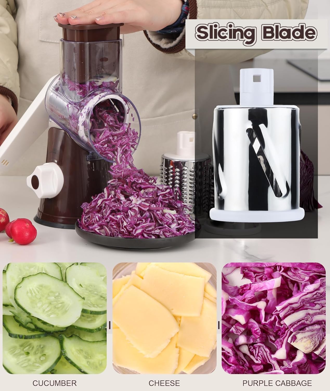 Ourokhome Rotary Cheese Grater Hand Crank, Kitchen Shredder Speed Mandolin Slicer Nut Grinder with Handle and Drum Blades for Cheese, Vegetable, Walnuts, Chocolate, Potato, Carrot,3 Blades, Coffee