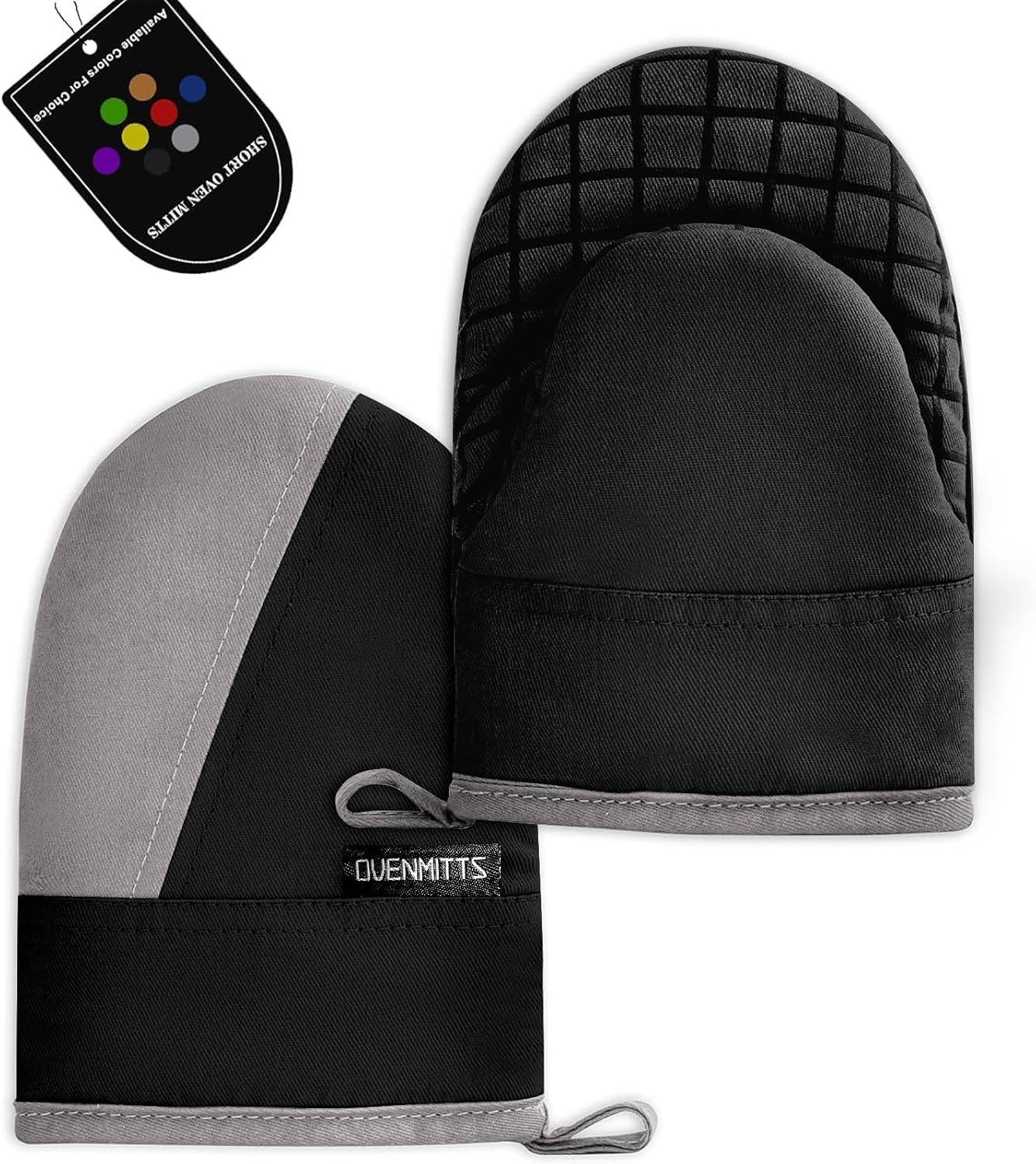 Mini Oven Mitts, Kitchen Oven Gloves Kitchen Mittens 500 Degrees Heat Resistant Baking Gloves, Non-Slip Silicone Surface with Hanging Loops Hot Gloves for Cooking, Baking, BBQ 1 Pair-Black