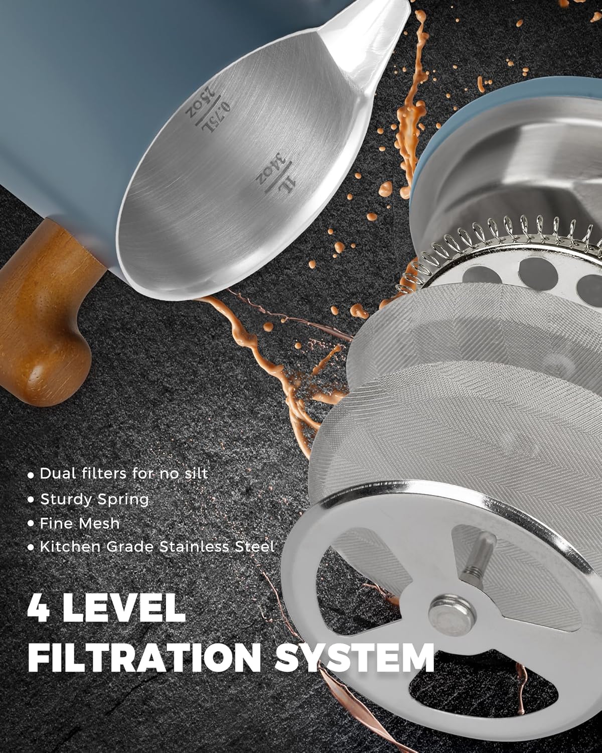 POLIVIAR French Press Coffee Maker, 34 oz Coffee Press with Real Wood Handle, Double Wall Insulation & Dual-Filter Screen, Food Grade Stainless Steel for Good Coffe and Tea, JX2025-XFPU