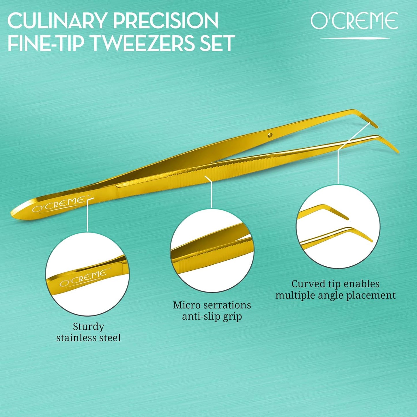 O'Creme Curved Tweezers 6.25 Inch Fine-Point Stainless Steel, Gold