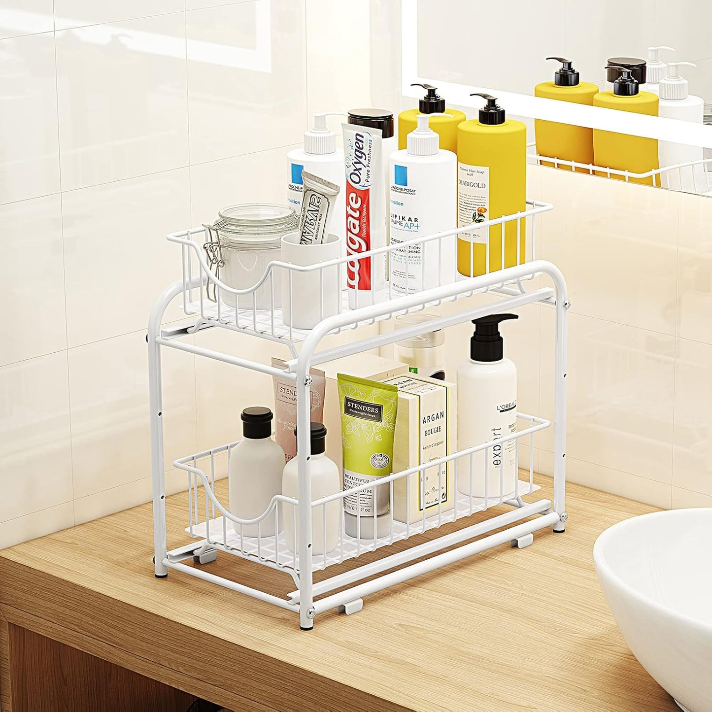 AIYAKA 2 Tier Stackable Sliding Basket Organizer Drawer For Kitchen And Bathroom/Cabinet Drawers,White