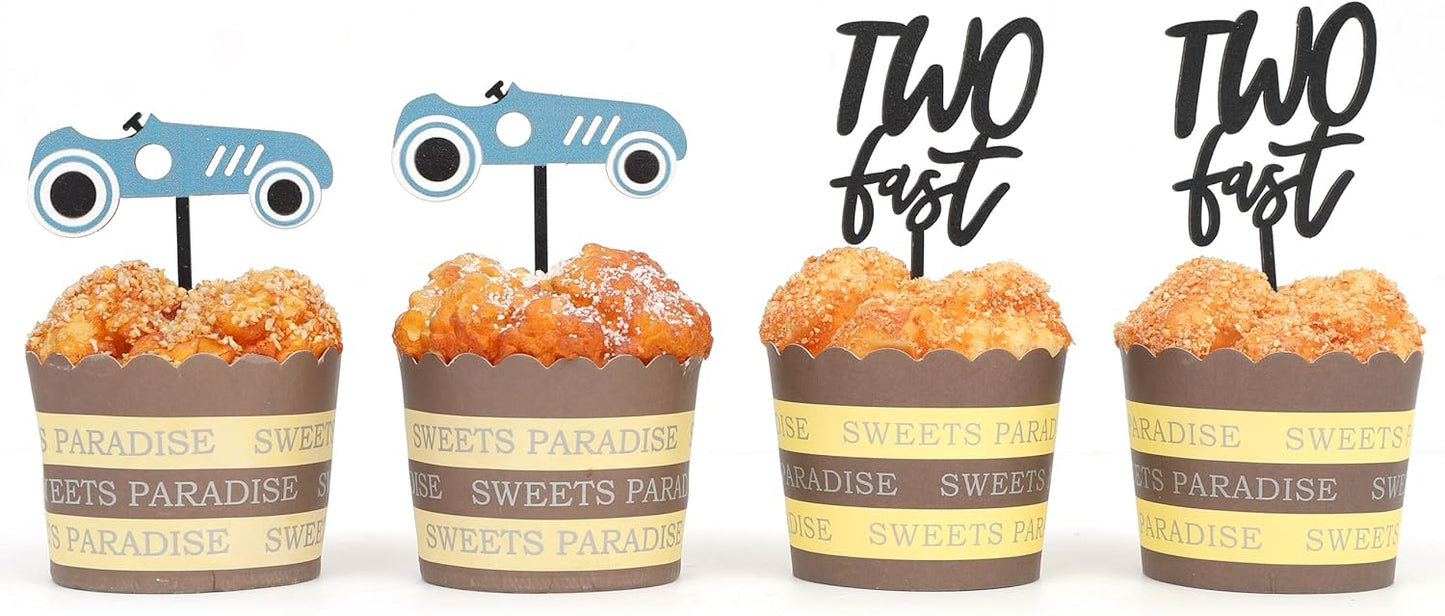 Wooden Two Fast Birthday Cupcake Toppers - Two Fast Decorations,Race Car Party Cake Toppers,Racing Car Birthday Topper (two fast cake topper)