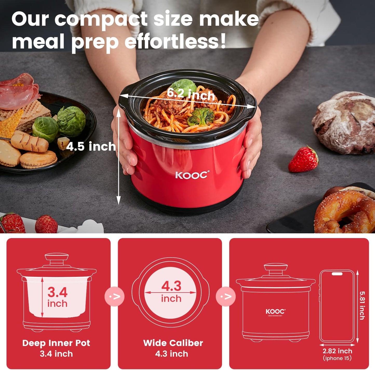 KOOC Small Slow Cooker, 0.65 Quart, Free Liners Included, Upgraded Ceramic Pot, Nutrient Loss Reduction, Sauces, Stews & Dips, Stainless Steel, Red, Round