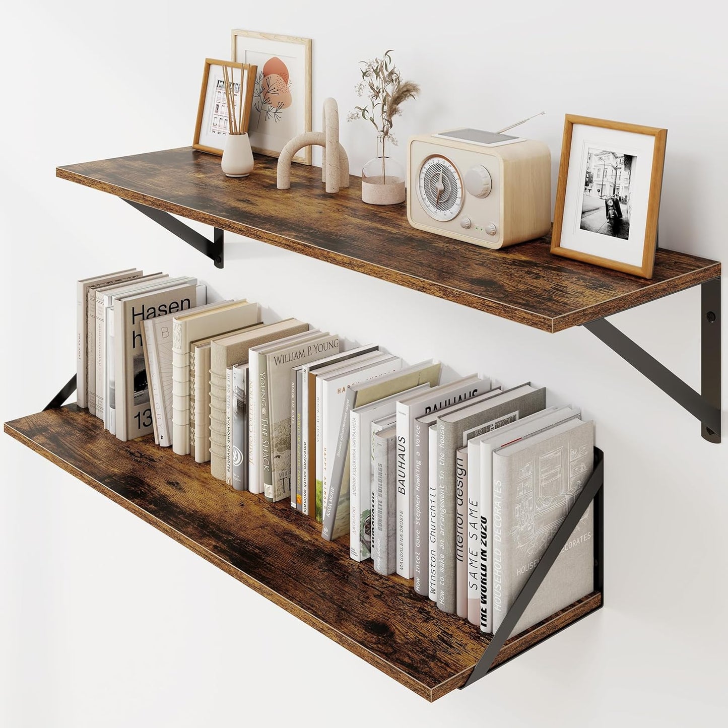 Heimlove Deep Floating Shelves for Wall, 30W x 8D Wood Wall Shelves Set of 2, Wide Floating Bookshelf for Living Room, Kitchen, Office, Bedroom and Decor Storage, with Metal Bracket - Rustic Brown