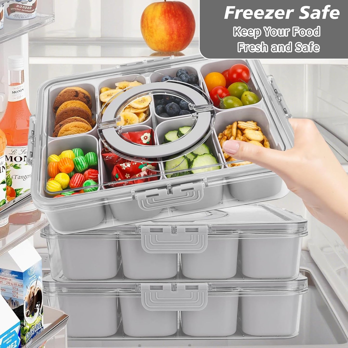 shopwithgreen 2Pcs Snackle Box Container, Divided Serving Tray with Lid and Handle, Snack Box Container Food Platter Charcuterie for Party, Veggies, Snack, Fruit, Nuts, Entertaining, Picnic,Gray