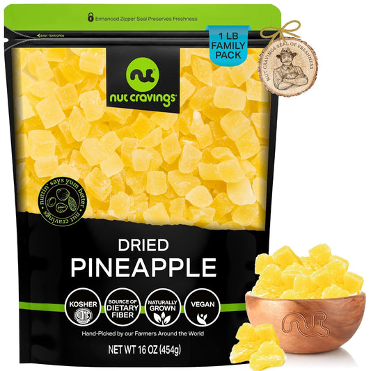 NUT CRAVINGS - Sun Dried Pineapple Chunks, Lightly Sweetened (16oz, 1 LB) Bulk Dry Fruits Packed Fresh in Resealable Bag - Sweet Healthy Snack, Naturally Grown, Vegan, Kosher