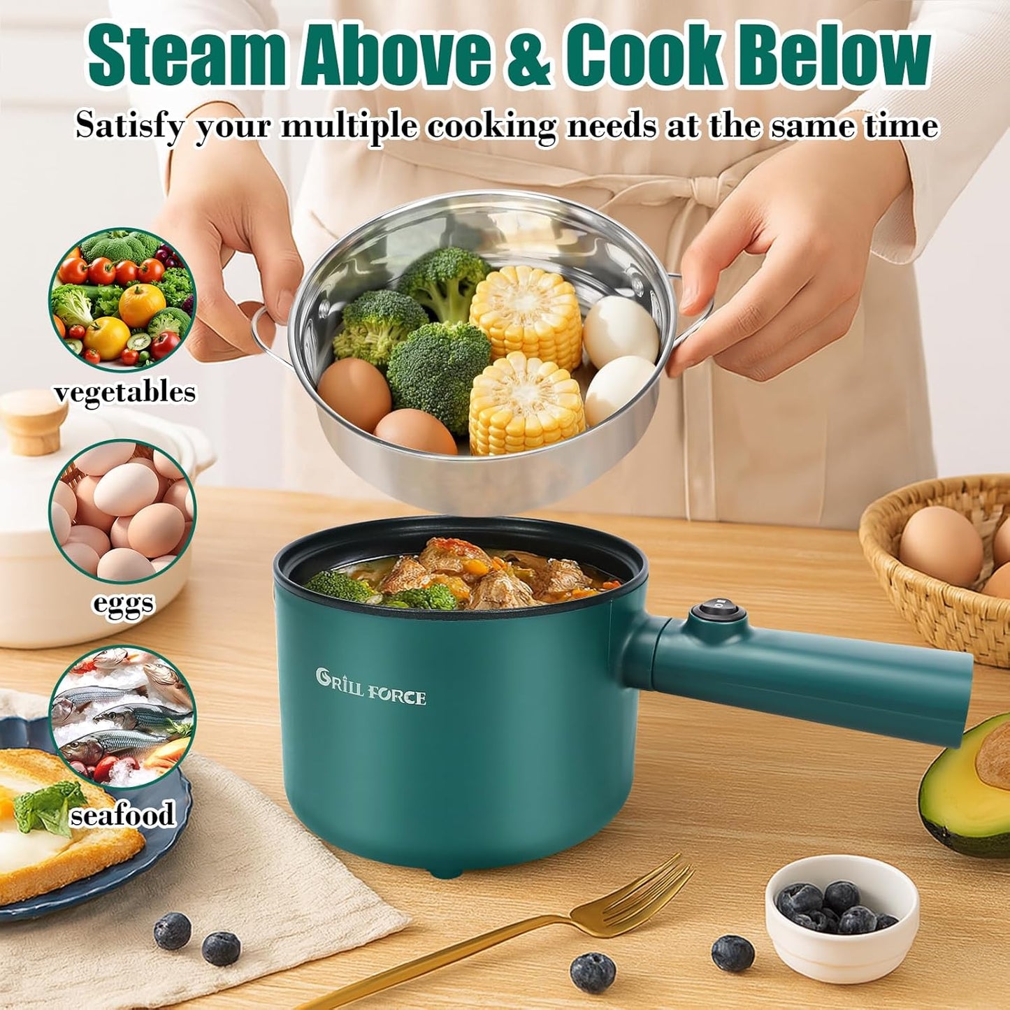 Electric Hot Pot with Steamer, 1.8L Ramen Cooker, Portable Cooking Pot Non-Stick Sauté Pan, Electric Pot for Pasta, Egg, Steak, BPA Free,Dual Power Control, Suit Dorm Room, Travel,RV,Hotel