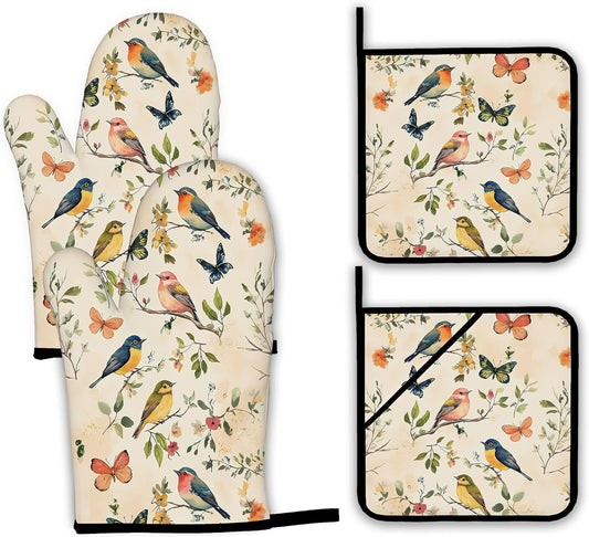 Vintage Butterfly Bird Oven Mitts and Pot Holders Set,Floral Flower Kitchen Oven Gloves and Pot Holder with Heat Resistant Non Slip for Cooking Baking Grilling(4 Piece Set)