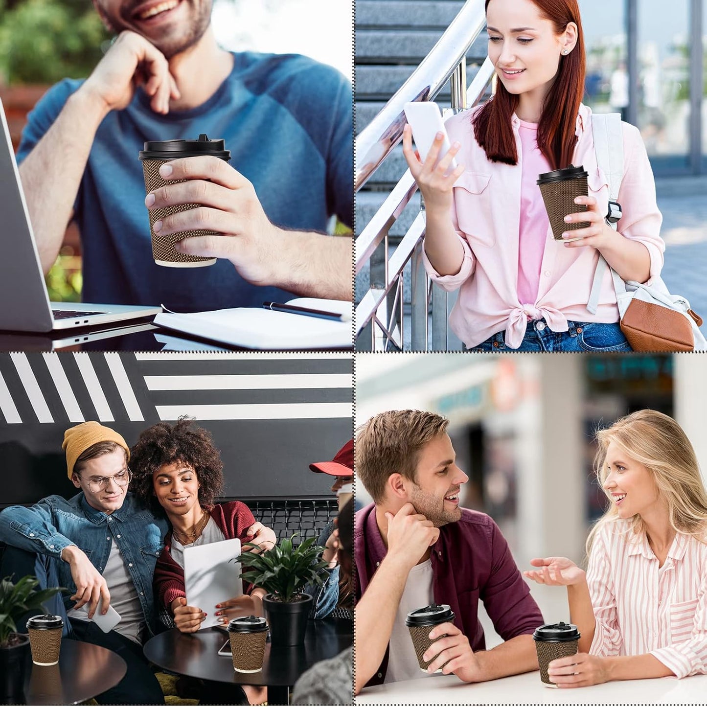 LITOPAK 80 Pack 10 oz Paper Coffee Cups, Insulated Ripple Wall Hot Coffee Cups with Lid and Straws, Brown Three Layer Insulated Hot Beverage Cups for Parties, Picnic, and Travel