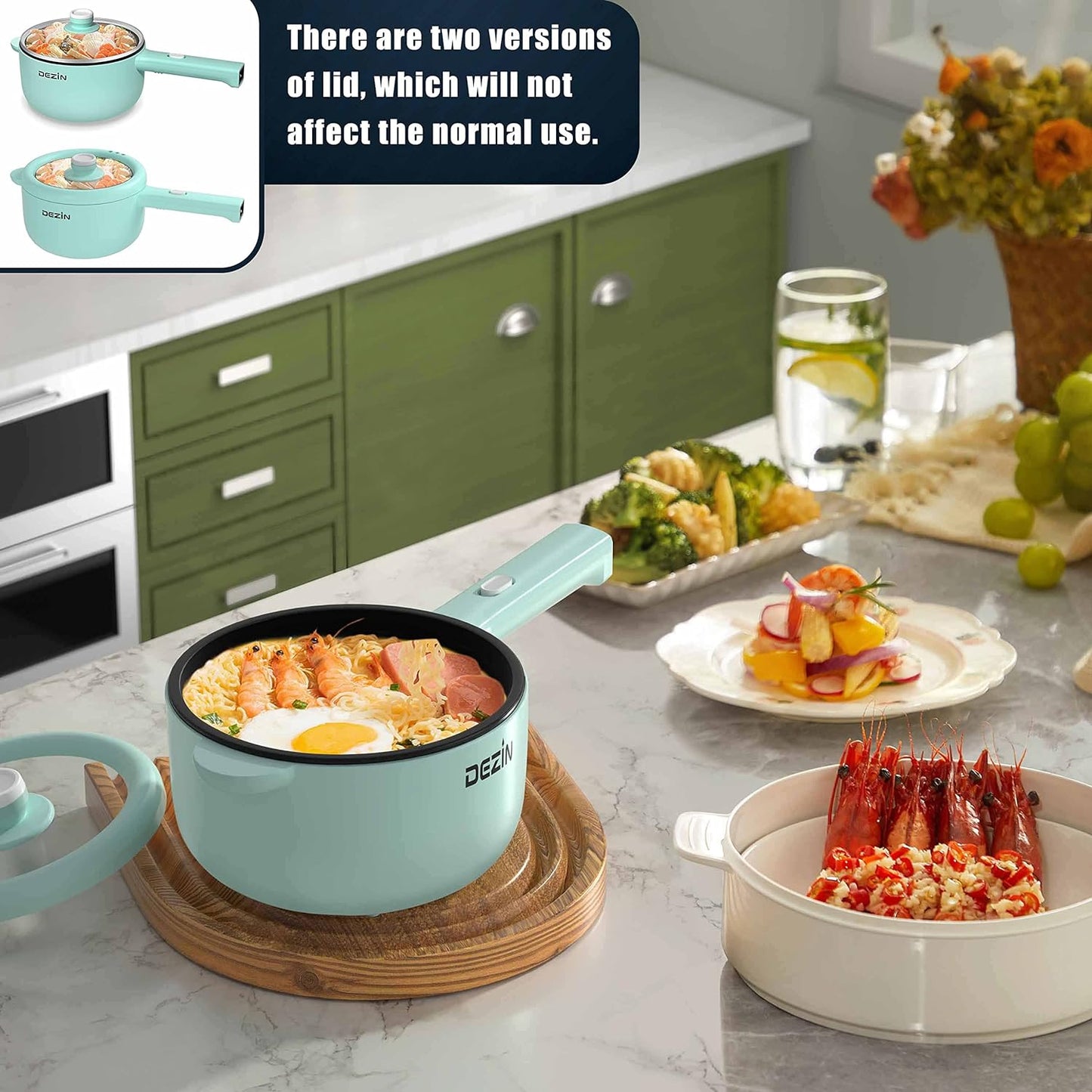 Dezin Electric Cooker, 2L Non-Stick Sauté Pan, Rapid Noodles Mini Pot for Steak, Egg, Fried Rice, Ramen, Oatmeal, Soup with Power Adjustment, College Dorm Room Essential