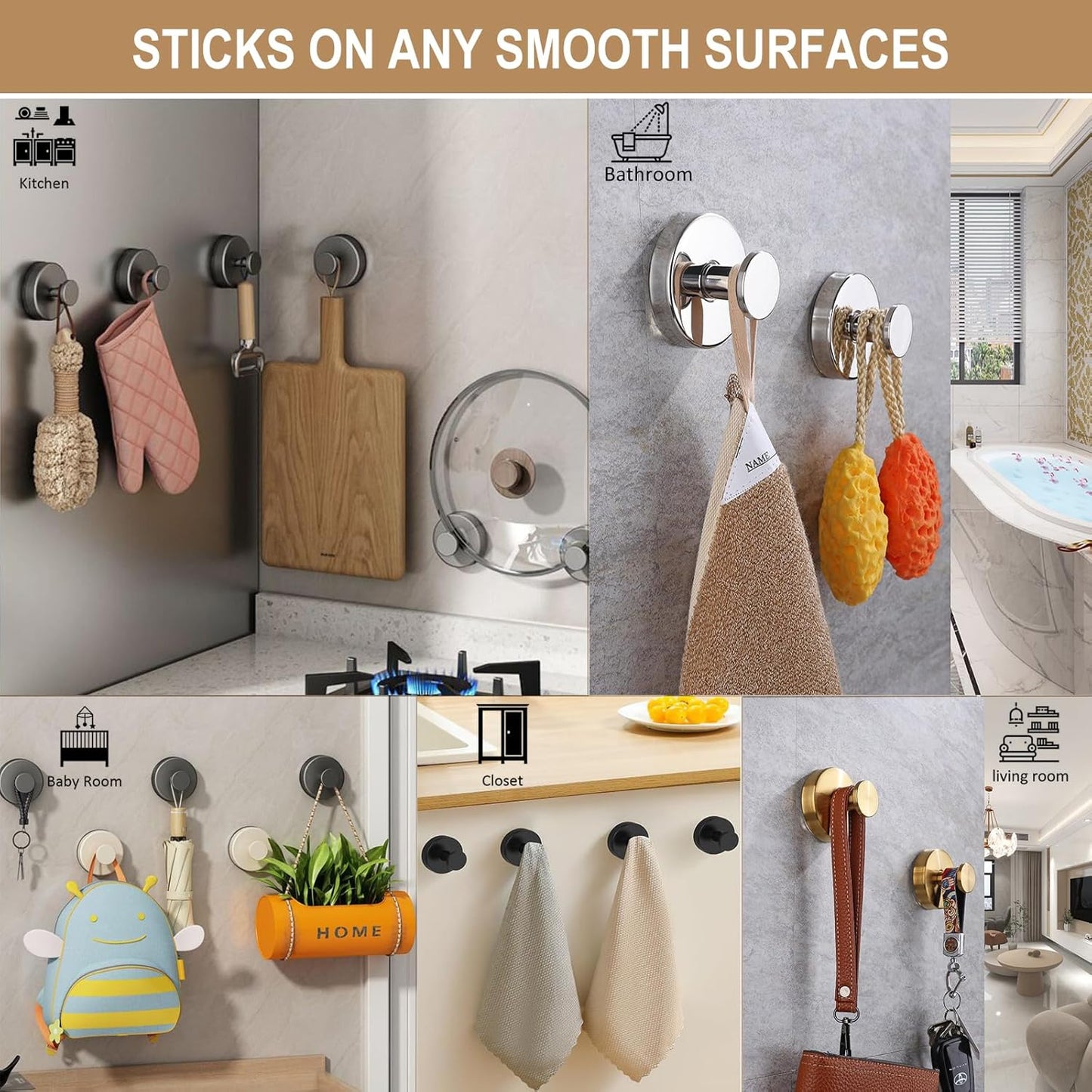 ZESLMG Suction Cup Hooks for Shower Wall, Door Wreaths, Removable Inside Shower Towel Hooks for Bathroom Window Glass Kitchen- Bath Robe Loofah Suction Hooks for Hanging More Surfaces (Chrome, 4 Pack)