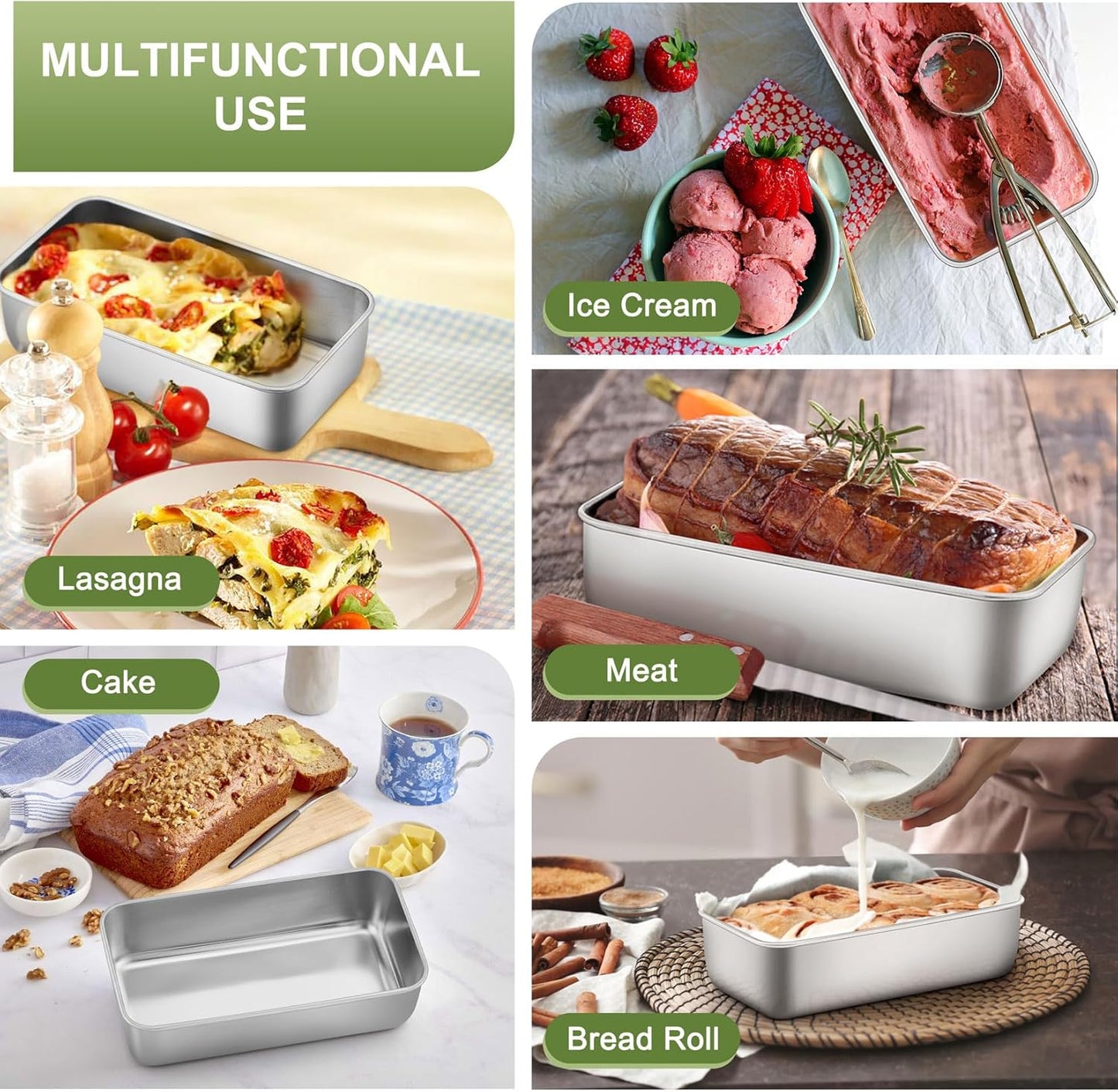 P&P CHEF Loaf Pan Set, 9 x 5 Inch Bread Pans, Stainless Steel Loaf Toast Baking Pans For Bread Meatloaf Lasagna Cake, Healthy & Non Toxic, Oven & Dishwasher Safe,(Silver, 3Pcs)