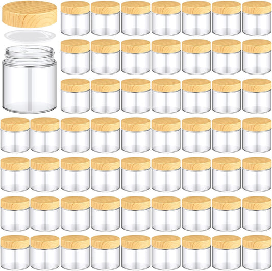 Norme 64 Pcs 4 oz Glass Jars with Lids Empty Small Glass Containers and Inner Liners Reusable Cosmetic Jars Round Airtight Bottles with Plastic Woodgrain Lids for Travel