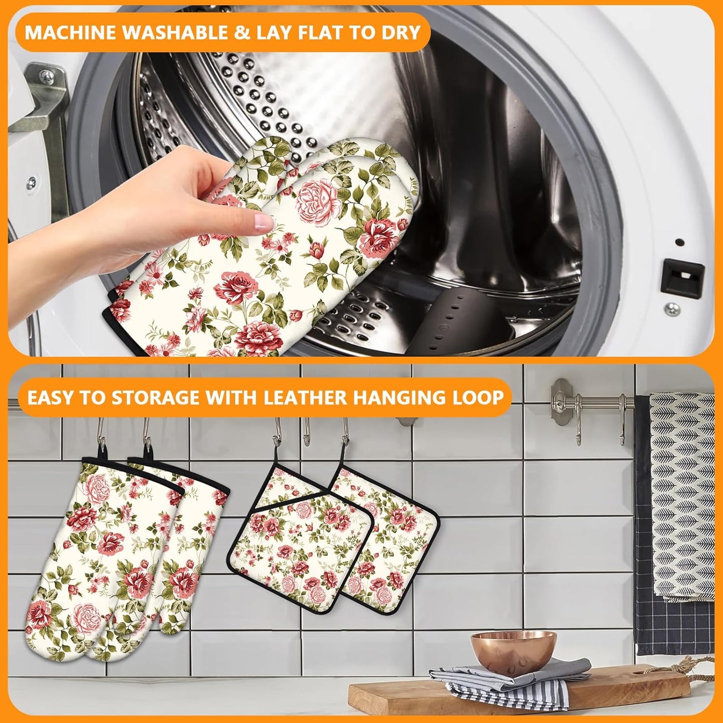 Red Rose Oven Mitts and Pot Holders Sets 4Pcs,Extra Long Oven Gloves Potholder for Kitchen Cooking Baking BBQ 100% Cotton Heat Resistant