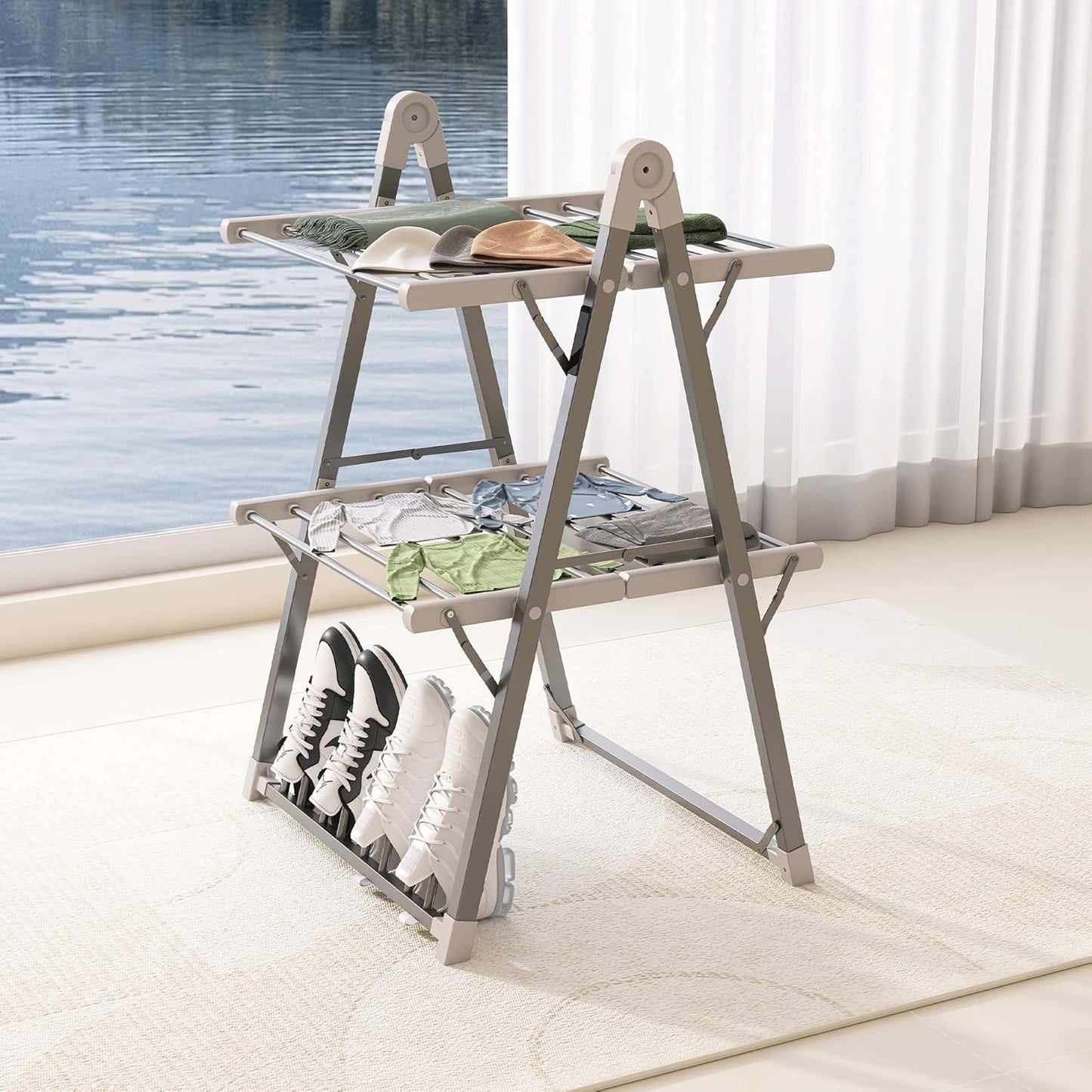 Electric Heated Clothes Drying Rack,Foldable Heated Garment Dryer with Timer Shut-Off Laundry Rack for Clothes Shoes Socks,Aluminum Alloy,Space Gray,Plug & Play,(39.37x25.98x23.82in)