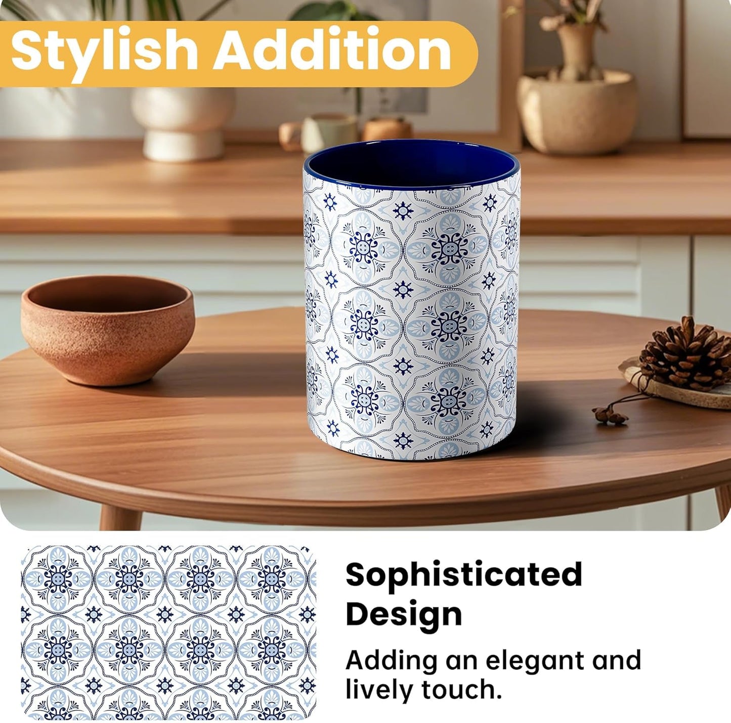 Ceramic Kitchen Utensil Holder for Countertop, Large Mediterranean Utensil Crock ,Navy Blue