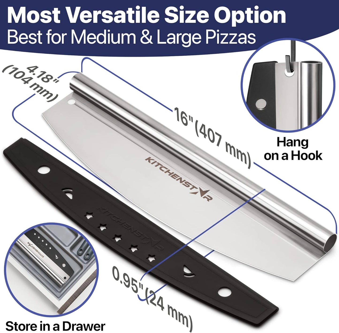 KitchenStar 16-Inch Pizza Cutter Rocker Blade - Sharp Stainless Steel Slicer Knife, Protective Cover, Dishwasher Safe, Large - Professional Pizza Oven Accessories