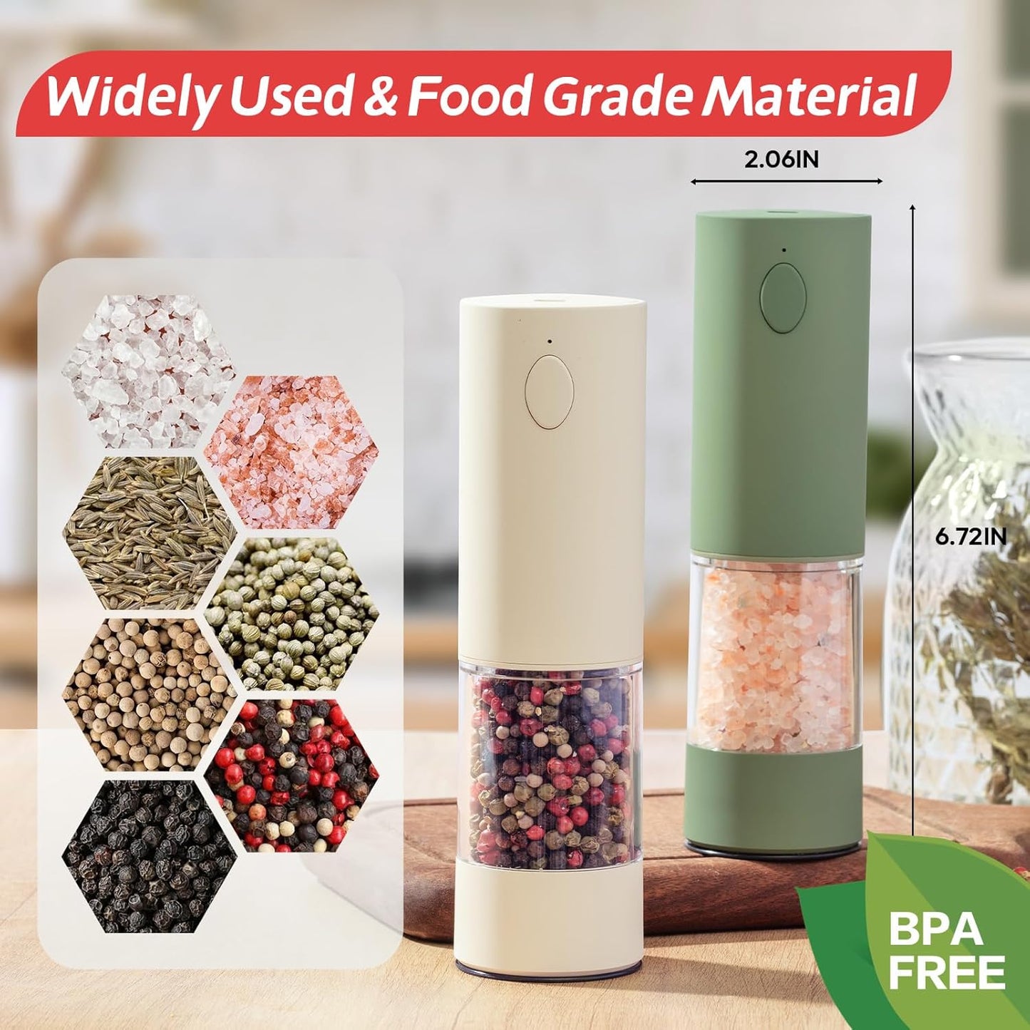 Electric Salt & Pepper Grinder Set (2 Pack) – USB Rechargeable, Adjustable Coarseness, One-Handed Operation with LED Light – Automatic Spice Mill Shaker for Kitchen, Dining, or Camping