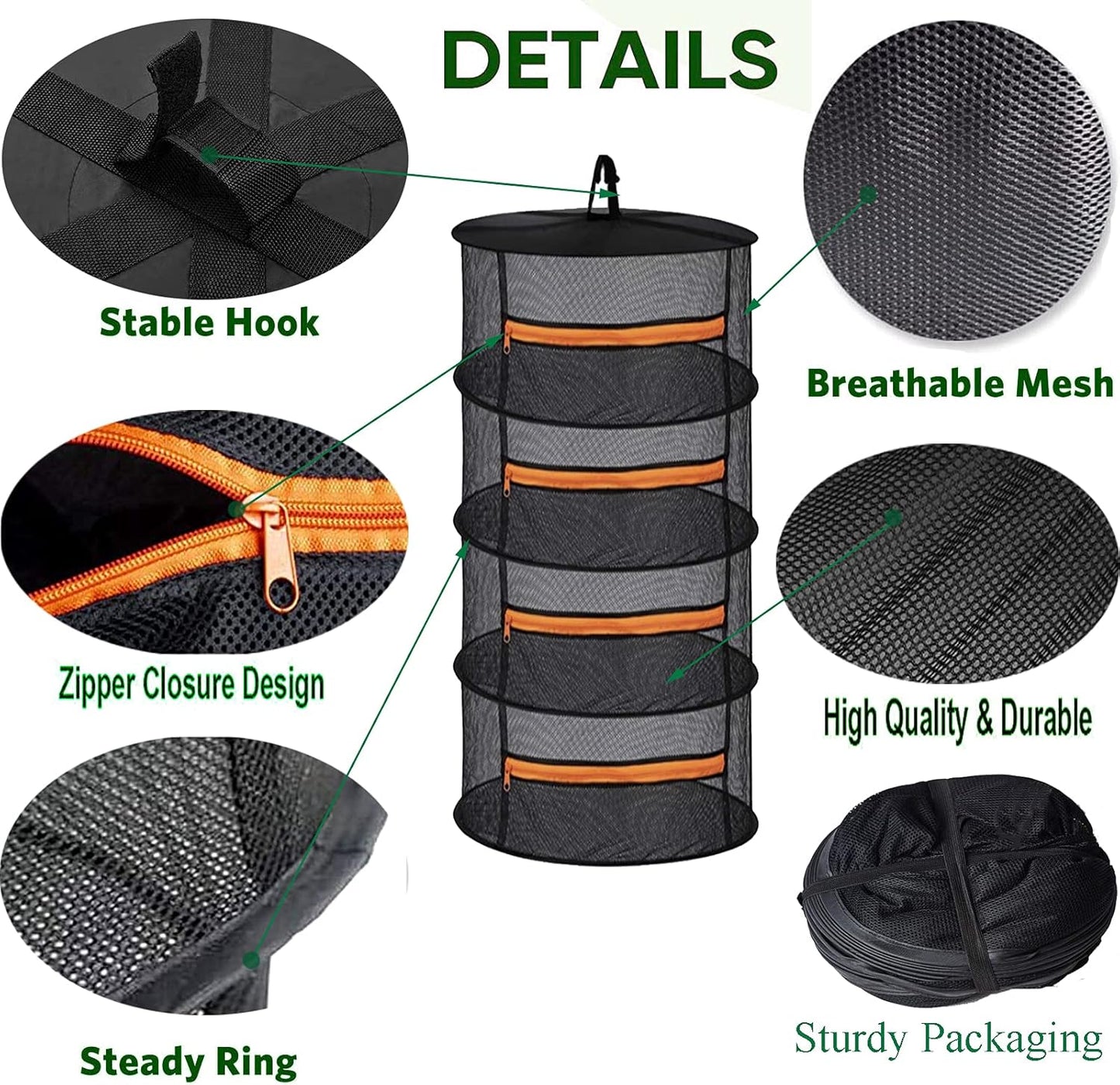 2ft 4 Layer Mesh Hanging Herb Drying Rack Dry Net Plant Drying Rack Net with Orange Zippers Can Dry Plants, Herbal，hanging dryer Hanging Mesh （ Band Garden Scissors）