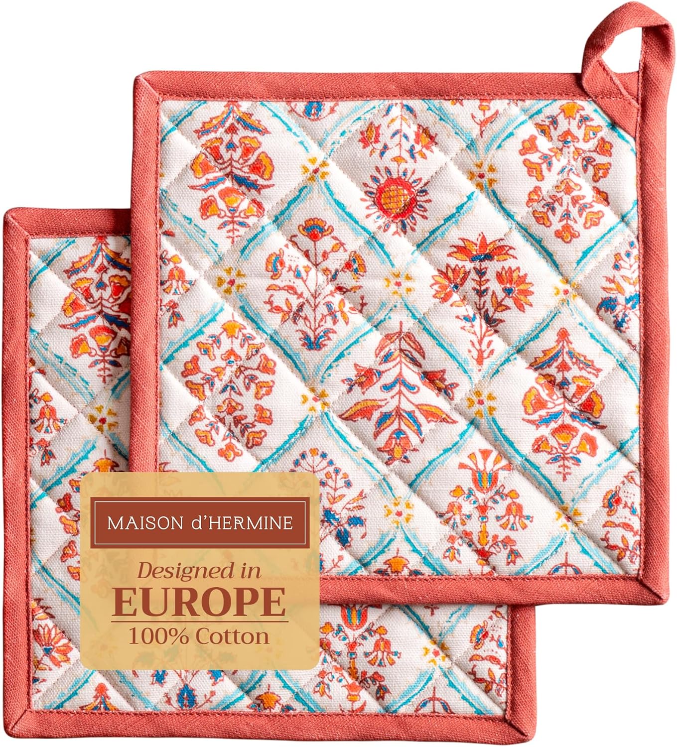 Maison d' Hermine Pot Holders Set 100% Cotton Heat Resistant Potholders 8" x 8" Hot Pads with Loop BBQ, Cooking, Baking, Grilling, Kitchen, Handling Hot Pans (Pack of 2, Romane)
