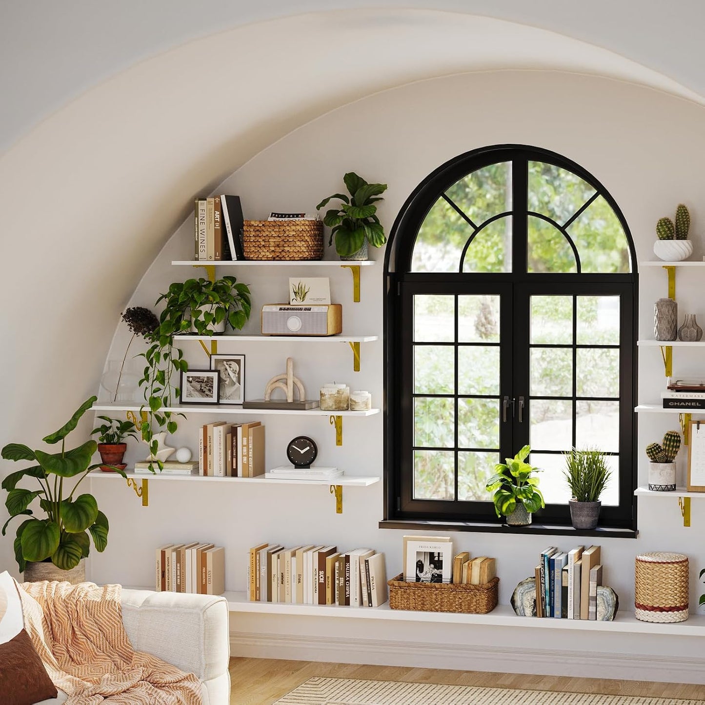 DINZI LVJ Long Wall Shelves, 31.5" Wall Mounted Shelves Set of 4, Large Floating Shelves with Metal Brackets, for Living Room, Bathroom, Bedroom, Kitchen, White and Gold