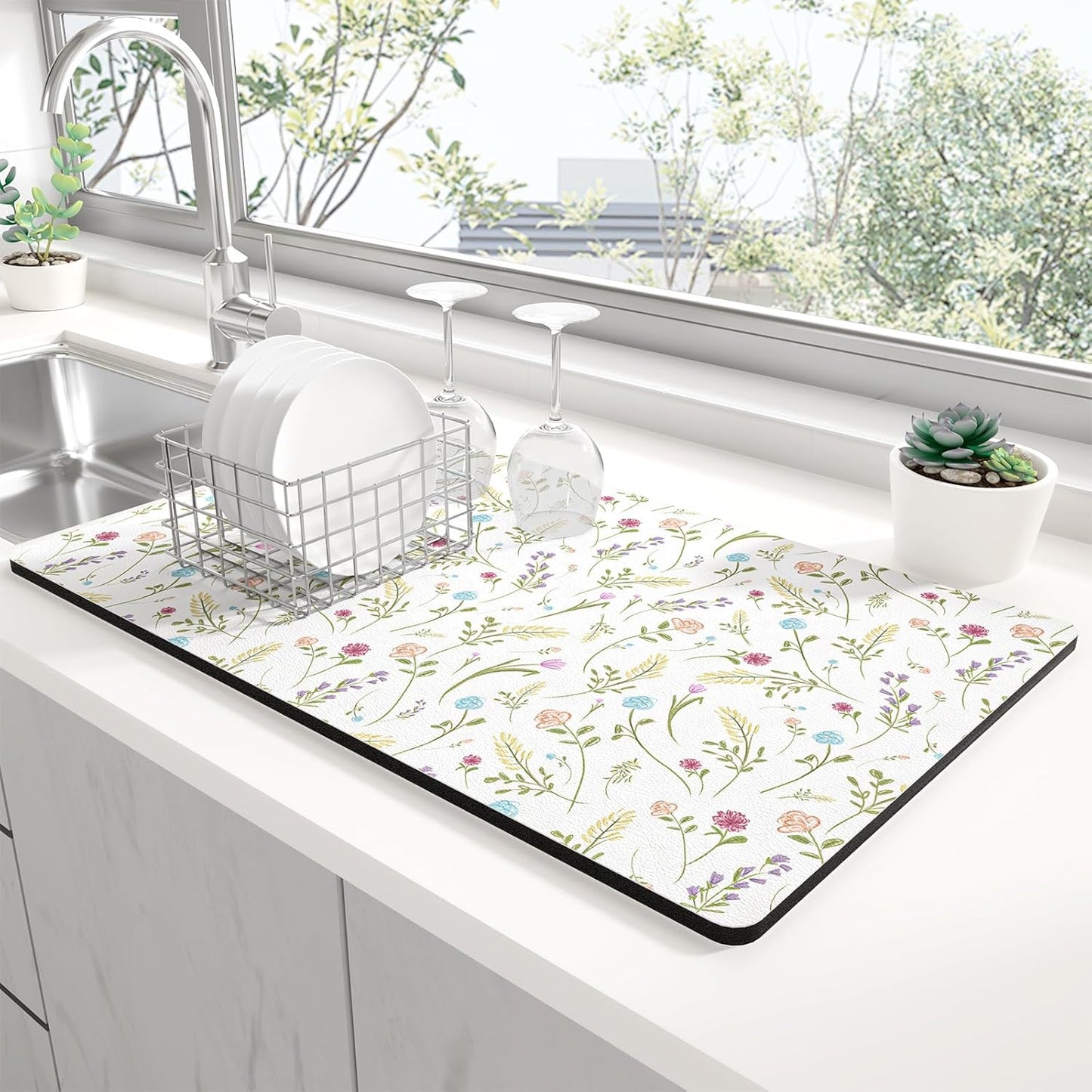Rnivvi Dish Drying Mat for Kitchen Counter, XL 15 x 24" Cute Flower Theme Absorbent Draining Pad, Non-Slip Heat Resistant Coffee Bar Mat for Coffee Machine Station Accessories, White Dish Rack Pad