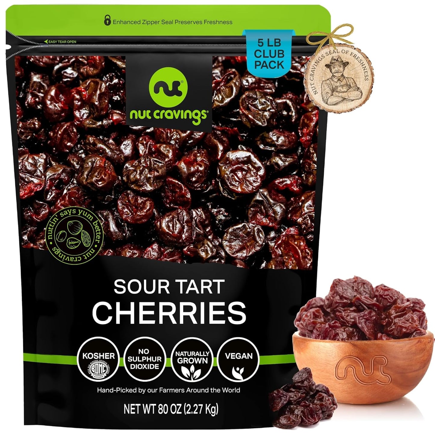 NUT CRAVINGS - Sun Dried Sour Tart Cherries, Lightly Sweetened (80oz, 5 LB) Bulk Dry Fruits Packed Fresh in Resealable Bag - Sweet Healthy Snack, Naturally Grown, Vegan, Kosher