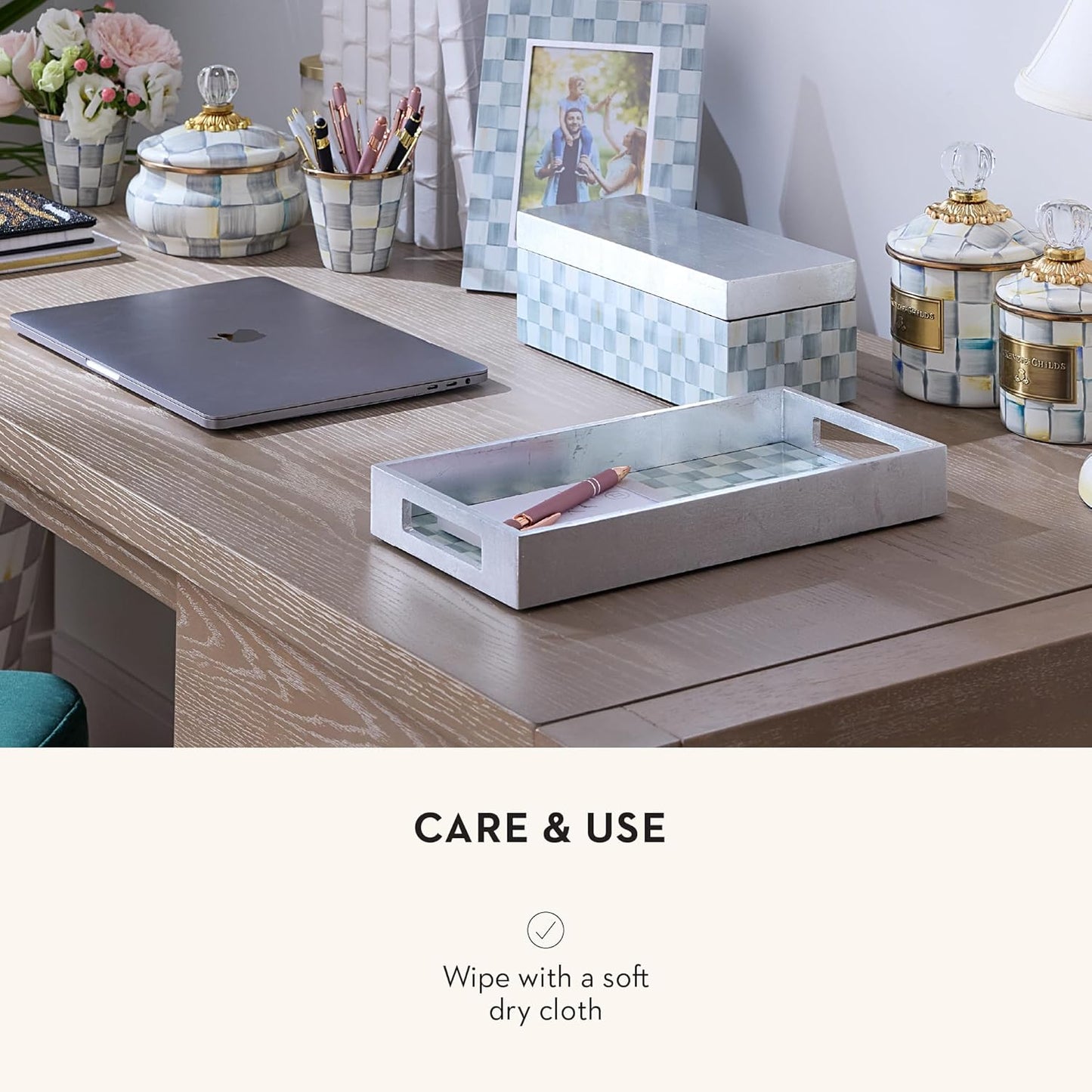 MACKENZIE-CHILDS Lacquer Vanity Tray with Handles, Rectangular Tray for Dresser and Home Decor, Gray-and-White Sterling Check