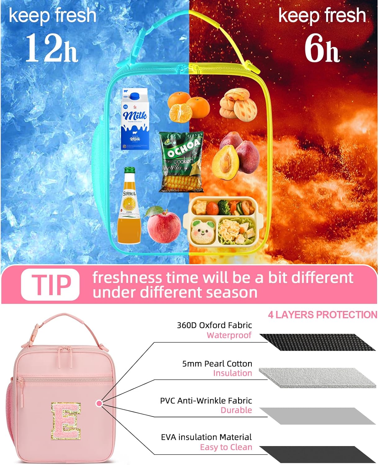 Initial Insulated Lunch Bag for Girls Kids, Back to School Gift, Reusable Leak-proof Lunch Box with Adjustable Strap for School Daycare Travel Picnic (Pink,E)