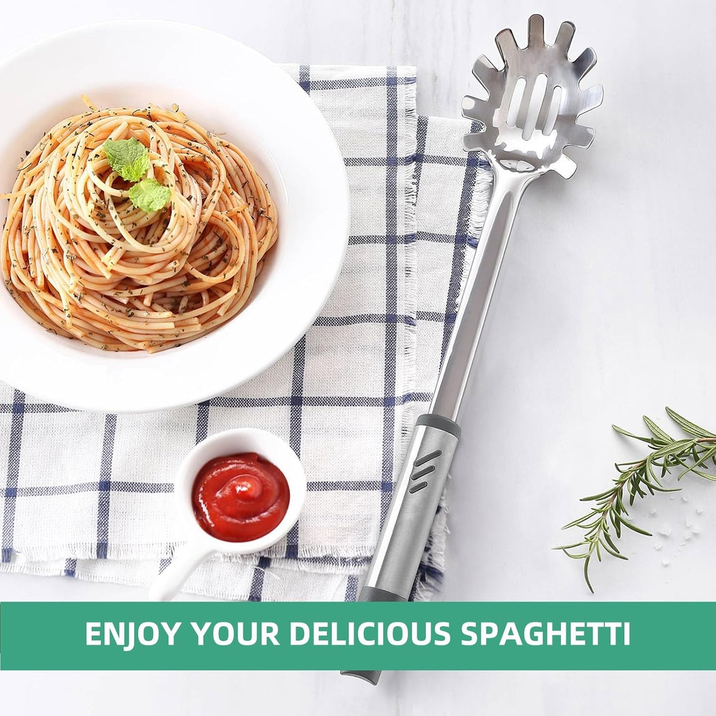 Spaghetti Spoon, Stainless Steel Pasta Fork for Serving and Cooking, 13.4 Inch Pasta Spoon with Teeth for Noodles, Ramen and Tagliolini, Comfortable Grip Design, Silver