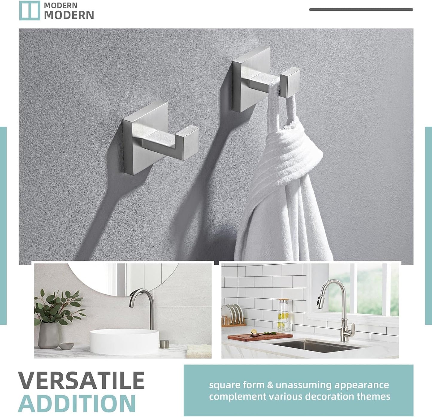 Angle Simple Towel Hooks for Bathroom, SUS 304 Stainless Steel Robe Coat Hooks for Wall, Brushed Nickel, 2 Pack