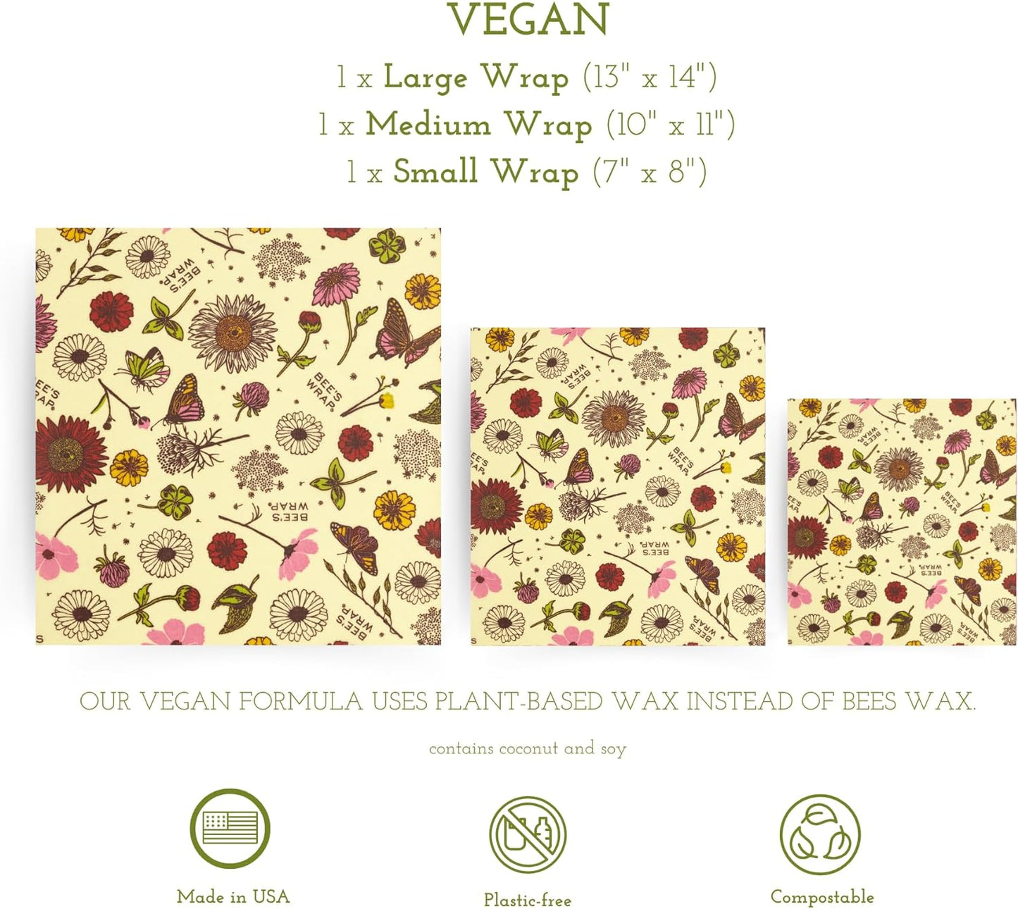 Bee's Wrap Vegan Beeswax Wraps for Food - Vegan Meadow Magic 3 Pack (S, M, L) Made in USA Reusable & Organic Food Wraps, Sandwich Wrap & Bowl Covers - Eco Alternative to Aluminum Foil & Plastic Wrap