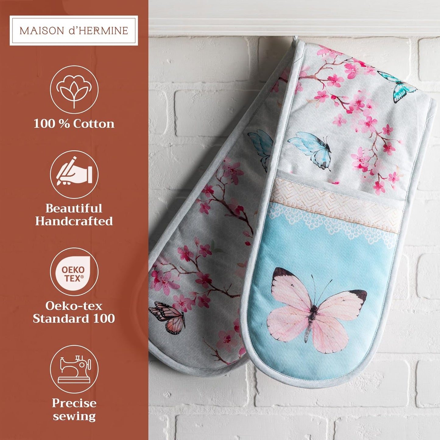 Maison d' Hermine Double Oven Mitts 100% Cotton 7"x35" Double Oven Mitt Heat Resistant BBQ Cooking Gloves with Loop, Baking, Grilling, Kitchen, Handling Hot Pans Spring Summer (Blossoms in Spring)