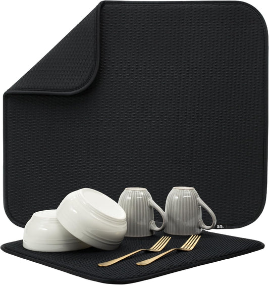 S&T INC. Dish Drying Mat, 16” x 18”, Absorbent Microfiber Kitchen Counter Mat, Drying Pad for Dishes, Utensils, Pots and Pans, Large, Diamond Texture, Black