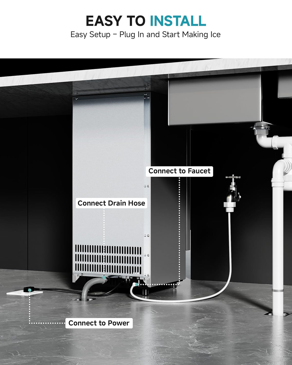 EUHOMY Commercial Under Counter Nugget Ice Maker Machine, 70Lbs/Day, Bulit-in Freestanding Ice Maker with Double Ice Baskets, Self-Cleaning & 24H Timer Ice Machine, for Commercial & Home Use(Silver)