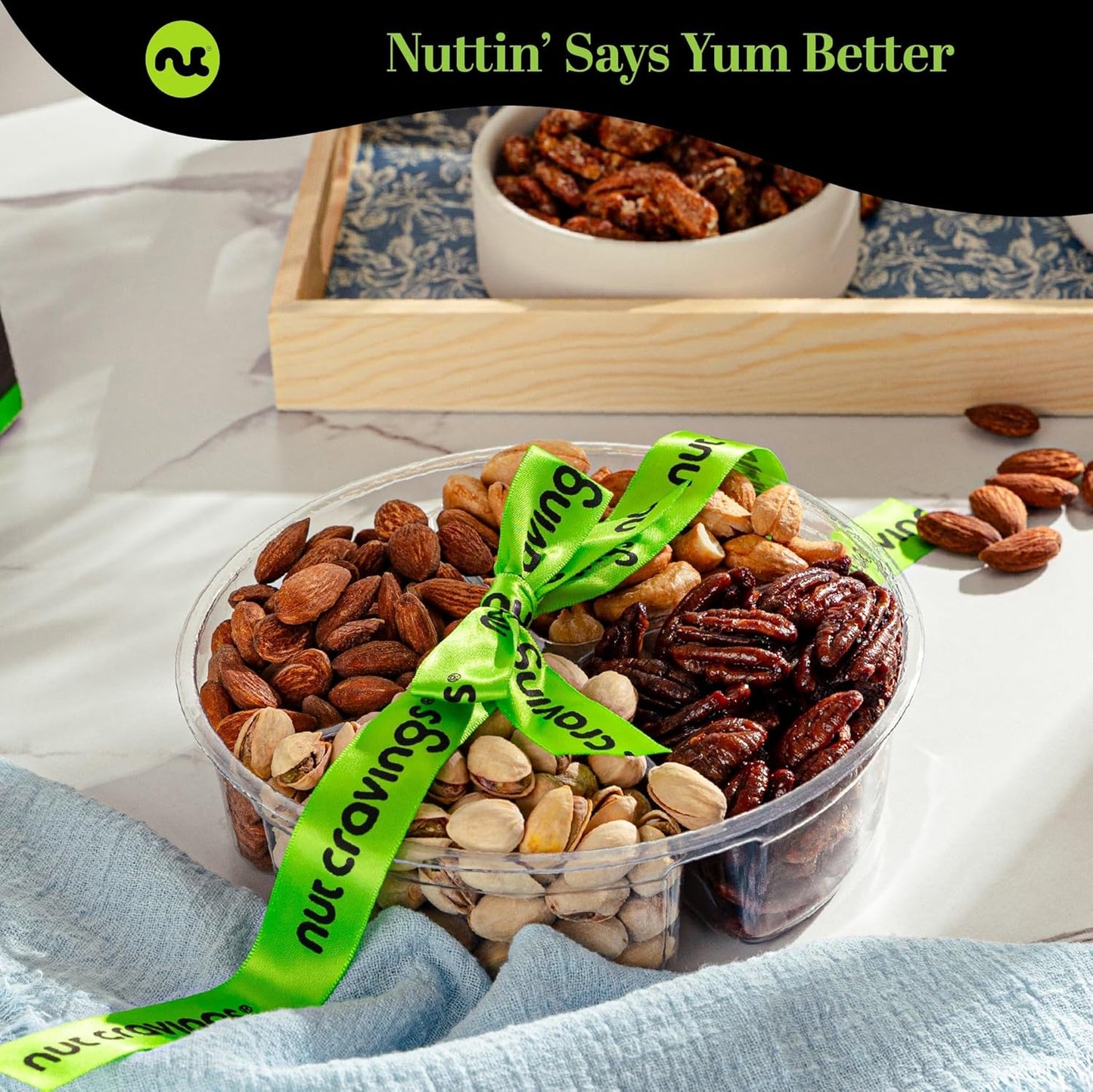 NUT CRAVINGS - Mixed Nuts Gift Basket + Green Ribbon (4 Assortments) Food Arrangement, Healthy Snack Care Package, Food Assortments