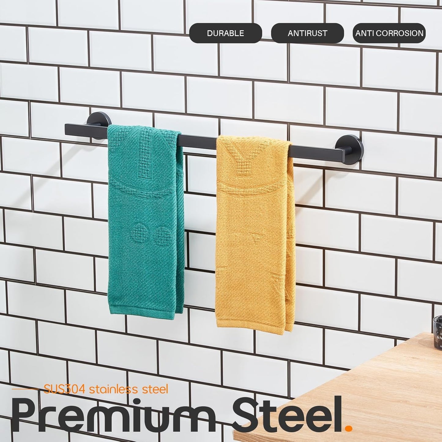 24 Inch Bathroom Towel Bar Bath Towel Rack Kitchen Towel Holder Towel Rails Wall Mounted SUS304 Stainless Steel 2 Pack Matte Black AN4001MB-L24-P2