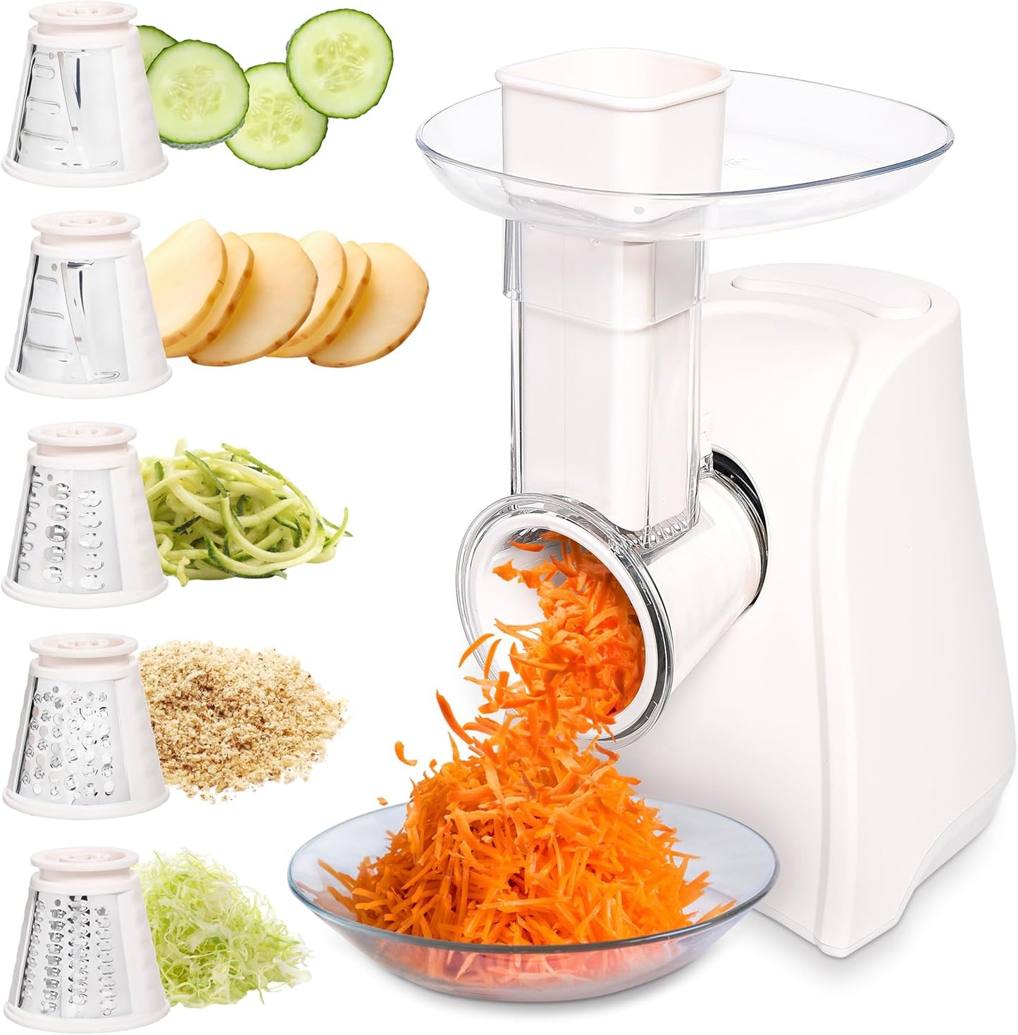 COOK WITH COLOR 5-in-1 Electric Slicer, 150W Food Prep Machine – Cheese Shredder, Fine & Coarse Graters, Potato Grater, Vegetable Slicer, Fruit, Salad Shooter, Compact Design for Bowl Prep, Cream