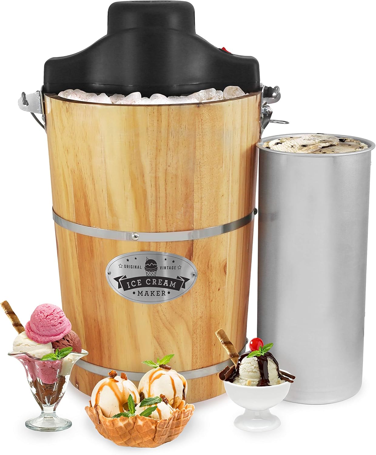 Elite Gourmet EIM916 Old Fashioned 6 Quart Vintage Wood Bucket Electric Ice Cream Maker Machine Appalachian, Bonus Classic Die-Cast Hand Crank for Churning, Uses Ice and Rock Salt