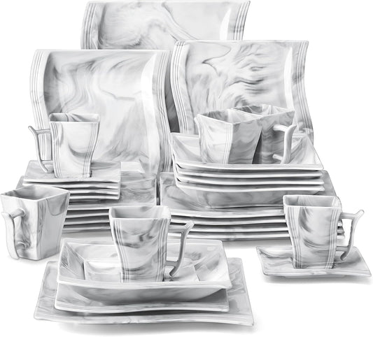 MALACASA Plates and Bowls Sets, 30 Piece Porcelain Dinnerware Sets for 6, Square Dinnerware Set with Dinner Plate, Dessert Plate, Soup Plate, Cup and Saucer, Modern Dish Set, Marble Grey, Series Flora
