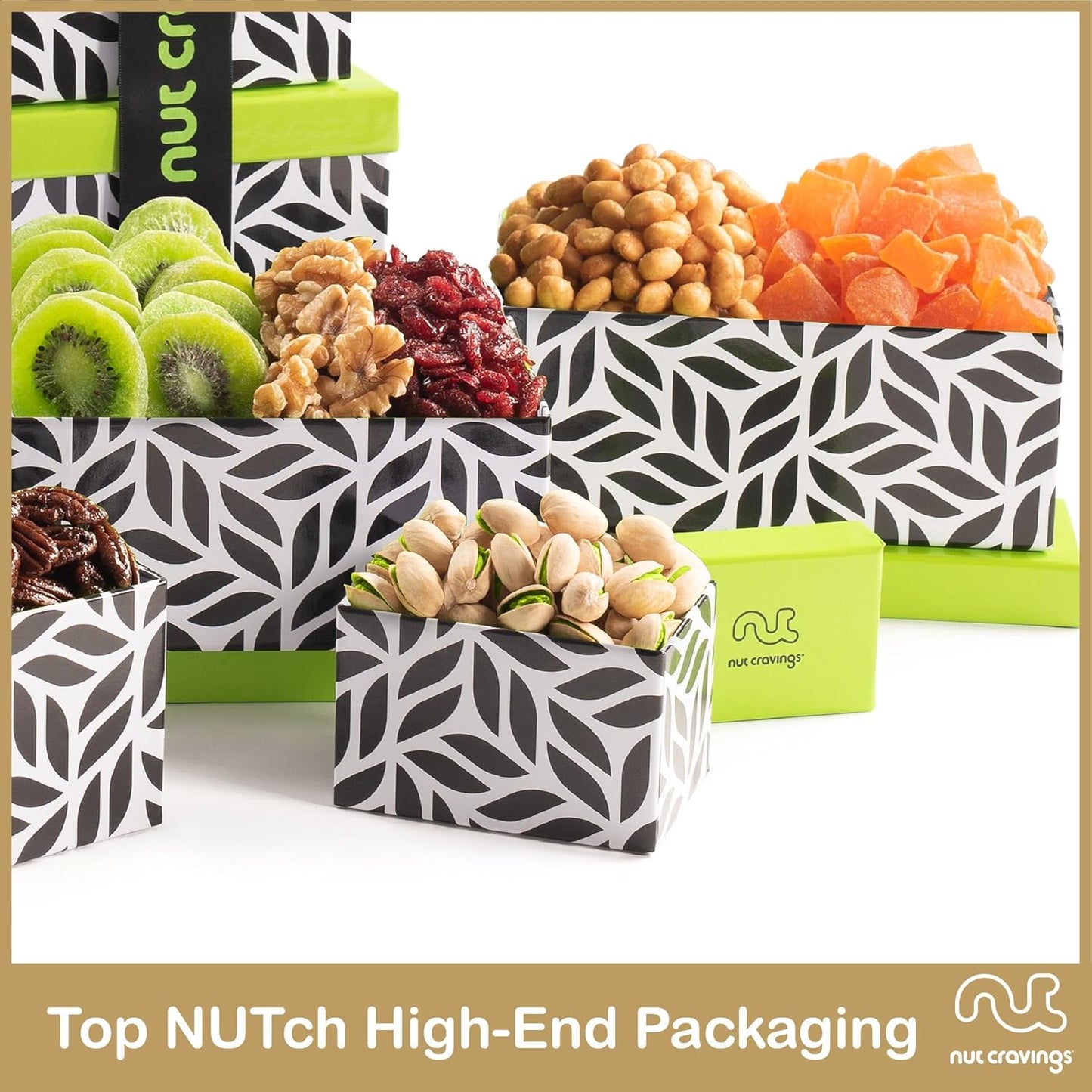 NUT CRAVINGS - Dried Fruit & Mixed Nuts Gift Basket Leaf Tower + Ribbon (12 Assortments) Food Arrangement, Healthy Snack Care Package, Food Assortments