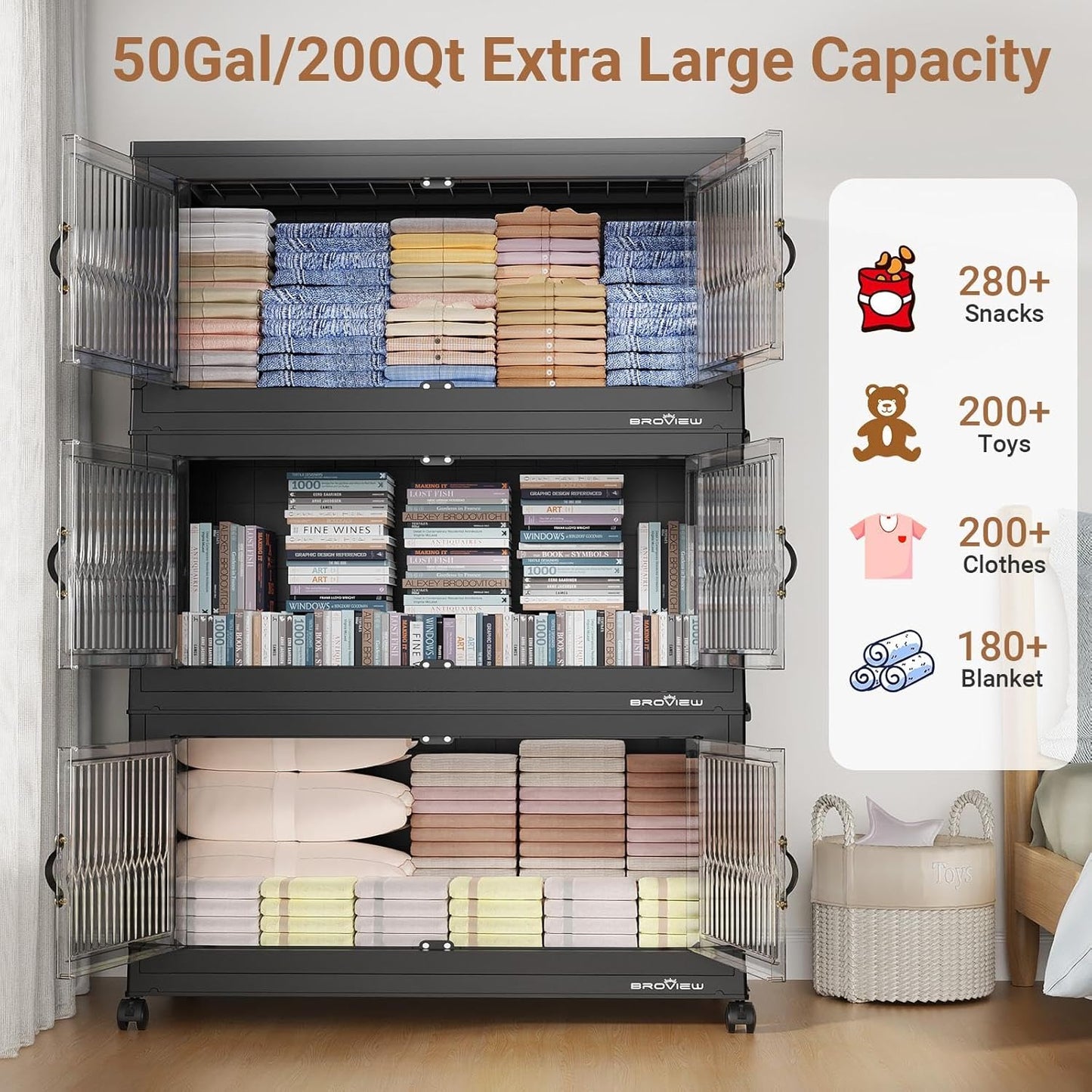 800Qt Extra Large Stackable Storage Bins with Lid, Closet Organizer Collapsible Drawer Boxes with Wheels, Folding Plastic Cabinet Containers for Home Kitchen Room Organization, 4Pack Black