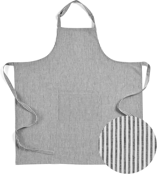 Solino Home 100% Pure Linen Apron for Women & Men - Black and White Stripe Full Midi Bib Apron, Adjustable Neck Strap with Center Pockets for Kitchen, Chef - Handcrafted from European Flax