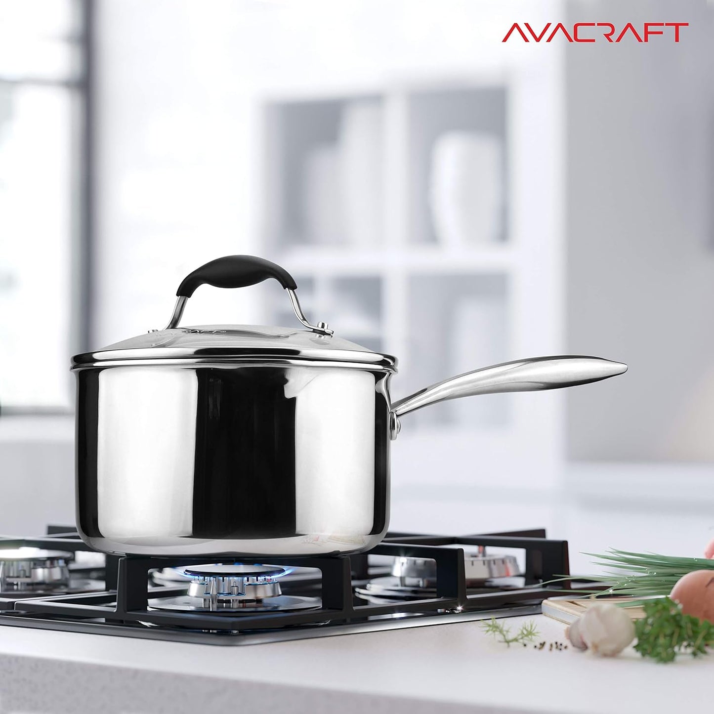 AVACRAFT Tri-Ply Stainless Steel Saucepan with Glass Strainer Lid, Two Side Spouts, Ergonomic Handle, Multipurpose Sauce Pan with Lid, Sauce Pot, Cooking Pot (Tri-Ply Full Body, 2.5 Quart)