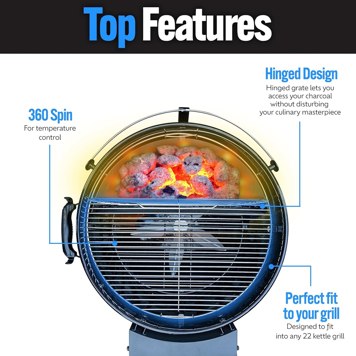 SnS Grills EasySpin Charcoal Grill Cooking Grate, 304 Stainless Steel, Large Hinged Opening, Perfect for 2-Zone Cooking, Replacement Grate Compatible with Weber & Other Grills - 18” Inches