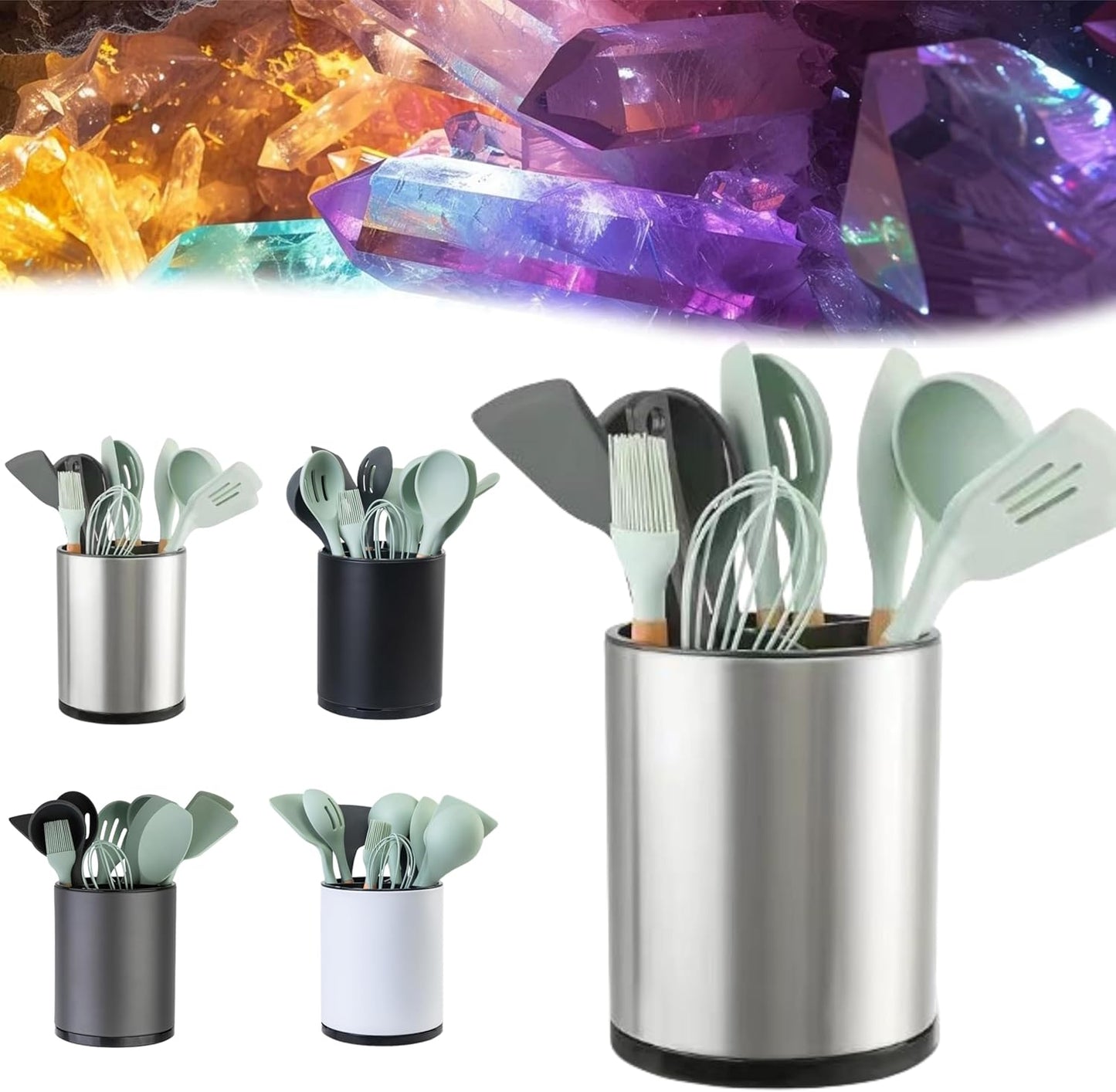 Utensil Holder For Kitchen Counter Organizer Extra Large Silverware Caddy Cooking Utensil Stainless Steel Rotating Kitchen Storage 3 Compartment Flatware Spoon Spatula