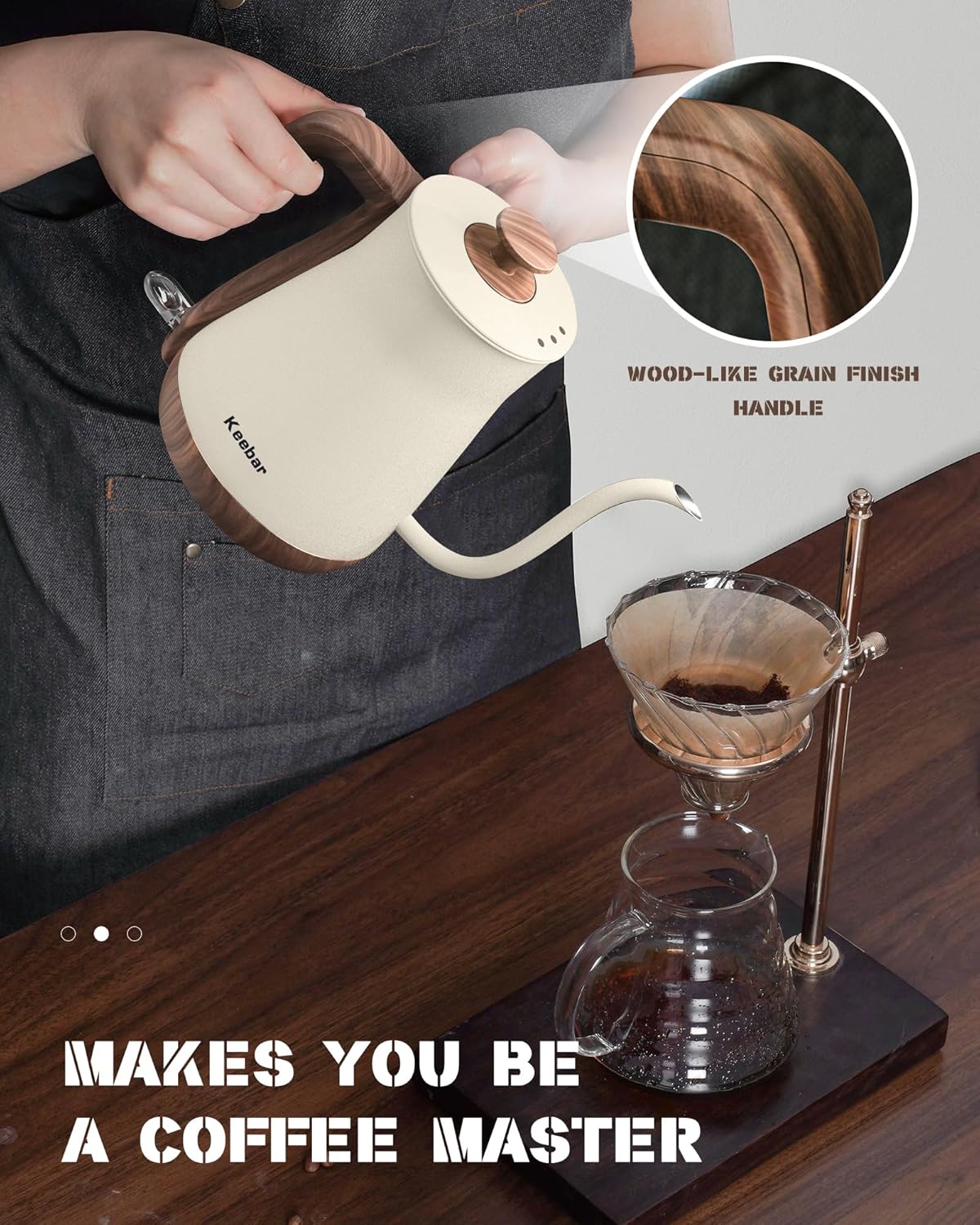 Gooseneck Electric Kettle Beige, 1000W Electric Tea Kettle Stainless Steel, Pour Over kettle for Coffee, Wood-like Grain Finish Handle, Hot Water Kettle, Auto Shut Off, 0.8L, Beige