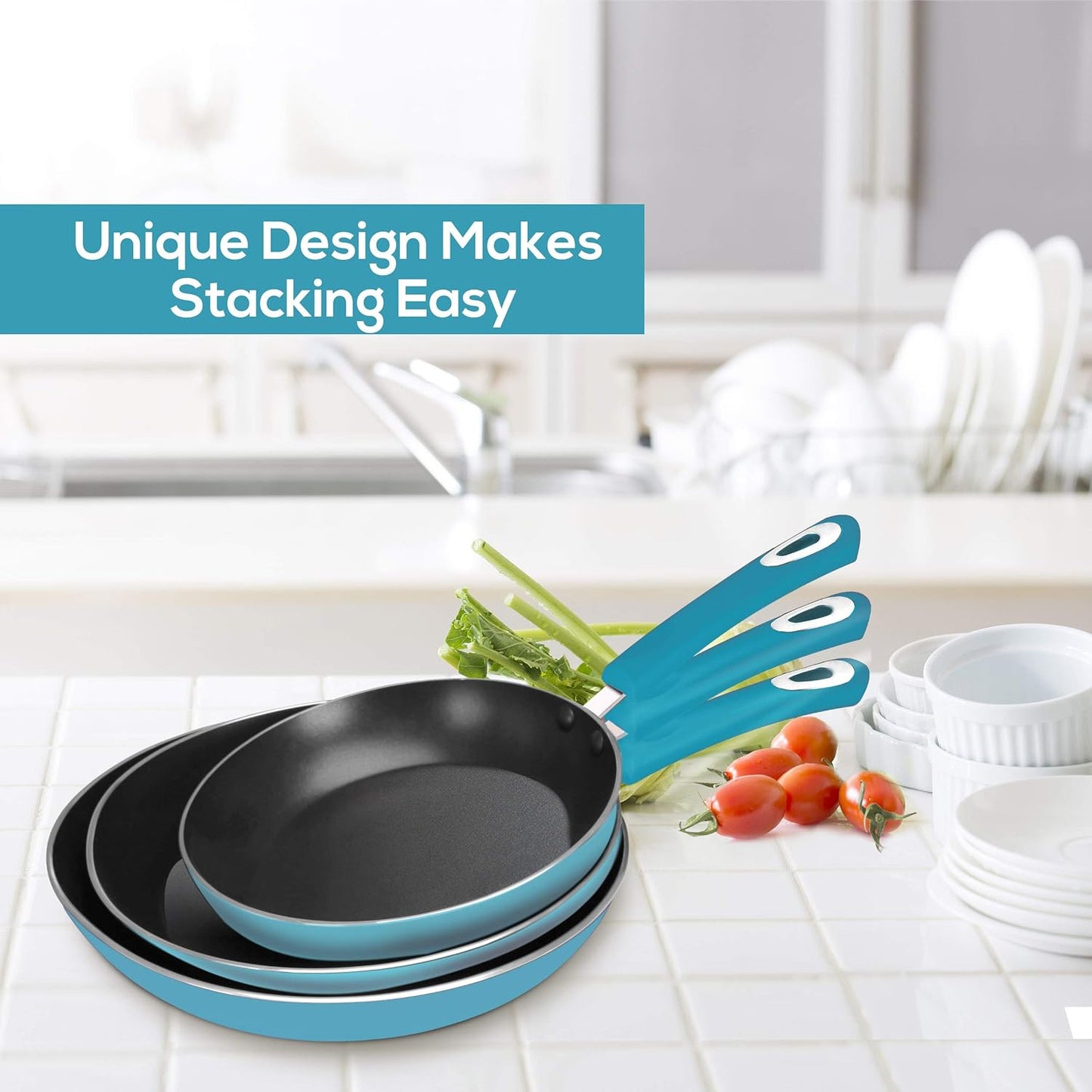 Utopia Kitchen Nonstick Cookware 3 Piece Set, Non-Stick Frying Pans with Induction Bottom, 8, 9.5 & 11 Inches Frying Pans with Bakelite Handles, PFOA Free, Turquoise & Black